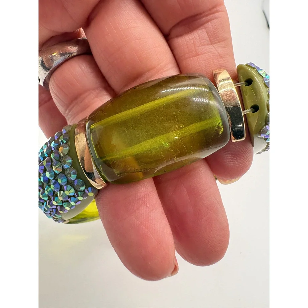 Olive Green Resin Chunky Stretch‎ Bracelet AB Rhinestone Statement